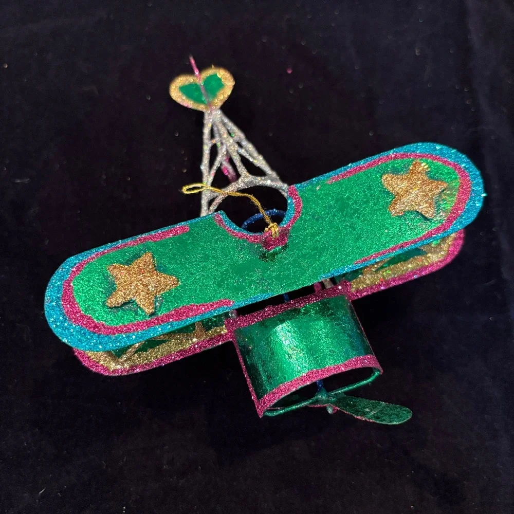 Vintage Glitter Metallic Foil Airplane Train Star Christmas Ornament Set 3pc
